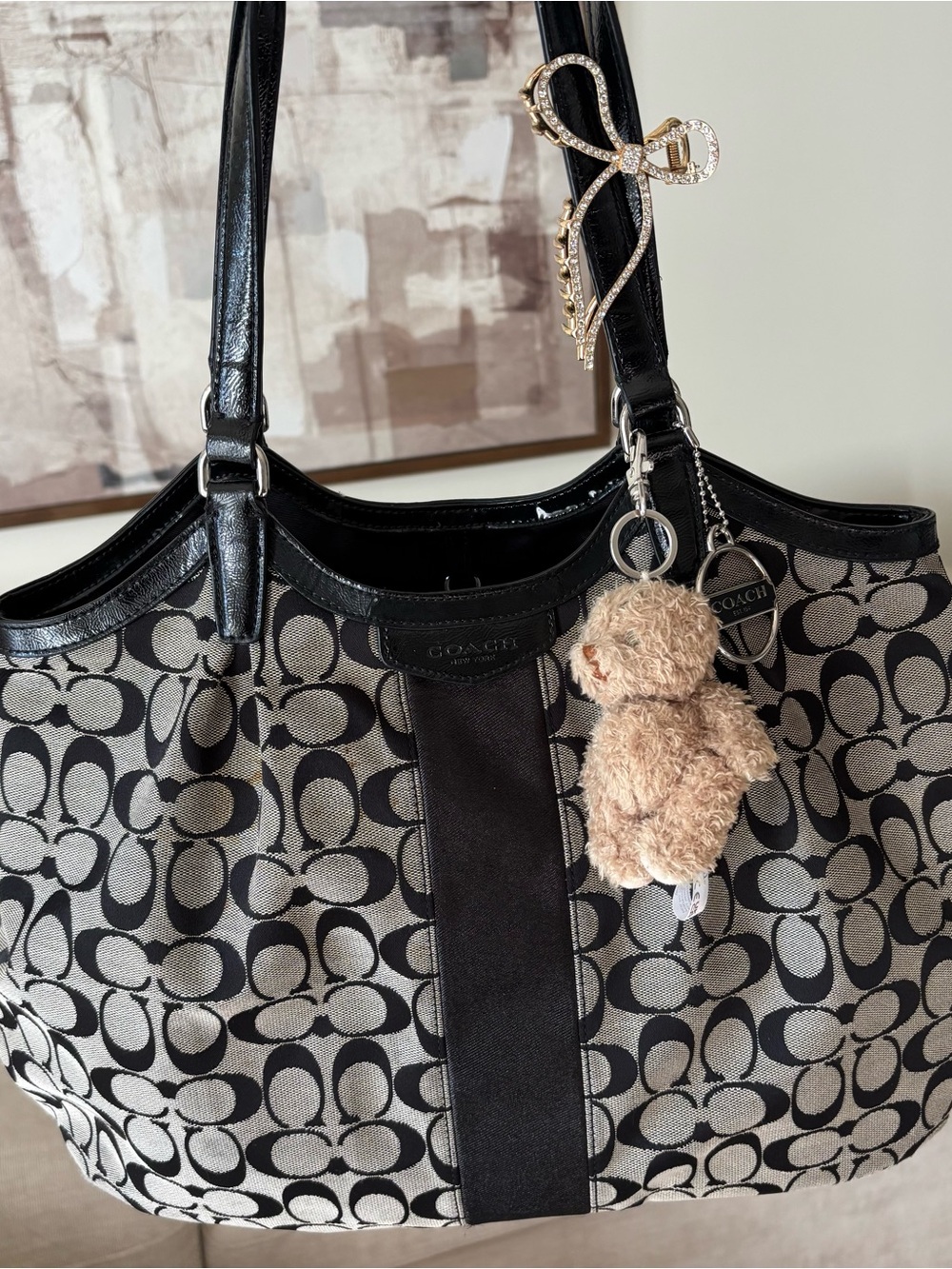COACH Black Signature Canvas Tote Bag with Charm